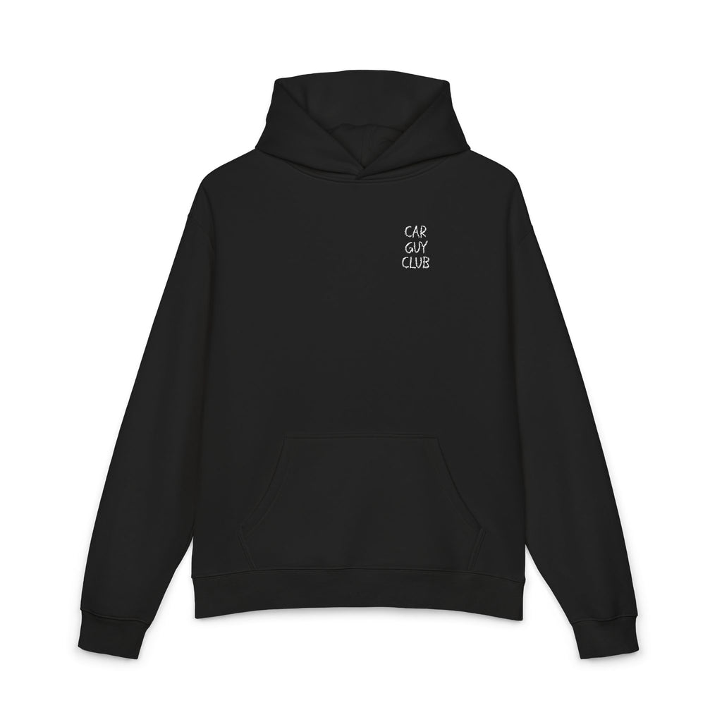 Black hoodie with 'Car Guy Club' text on the back against a white background