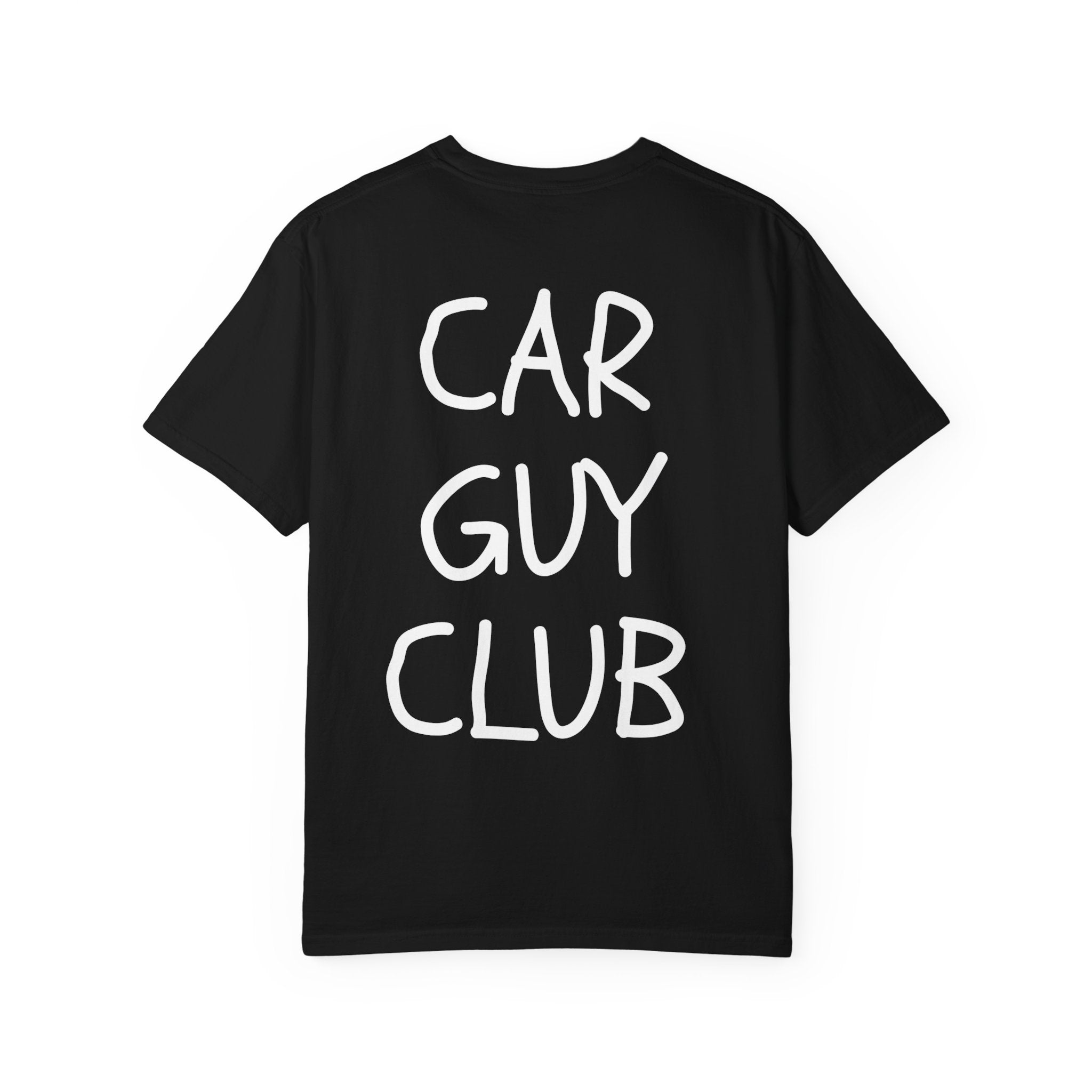 Black t-shirt with 'CAR GUY CLUB' text on a white background