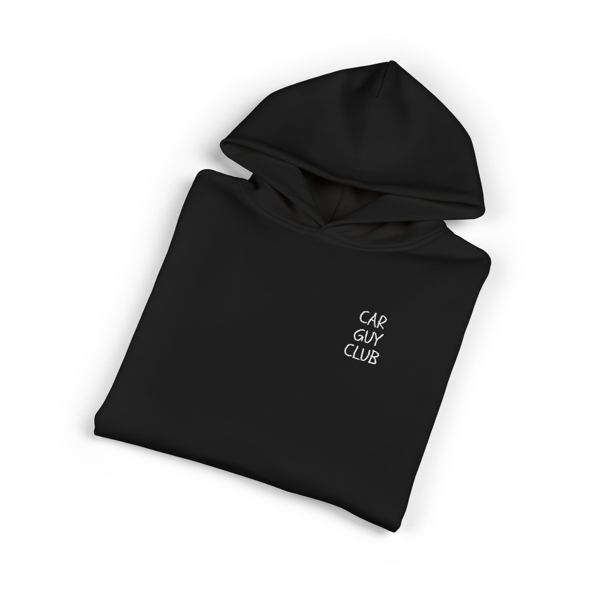 Black hoodie with 'CAR GUY CLUB' text on a white background