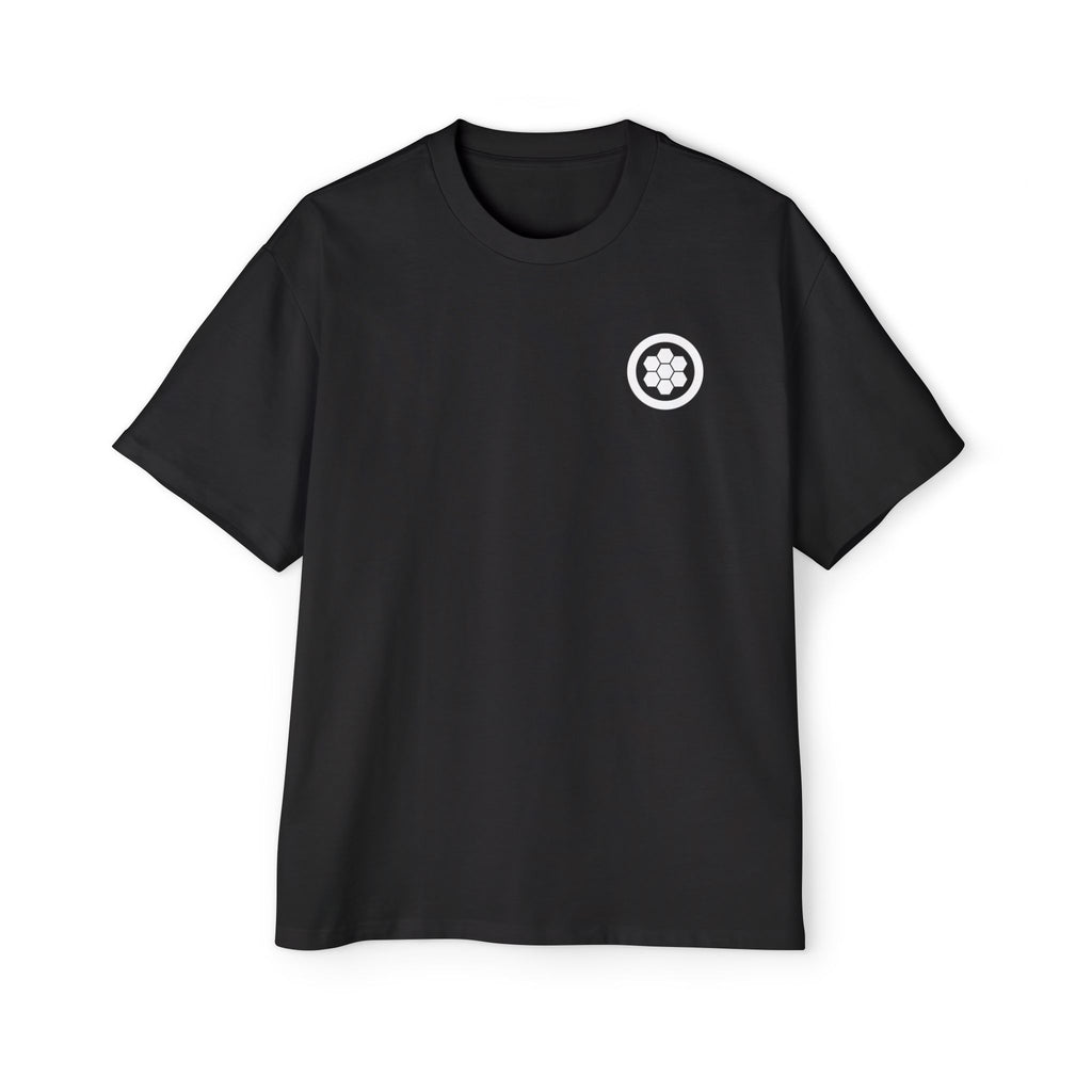 Black t-shirt with a white logo on a white background