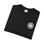 Folded black t-shirt with a white logo on a white background