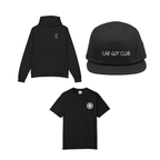 Black hoodie, t-shirt, and cap with 'CAR GUY CLUB' text on a white background