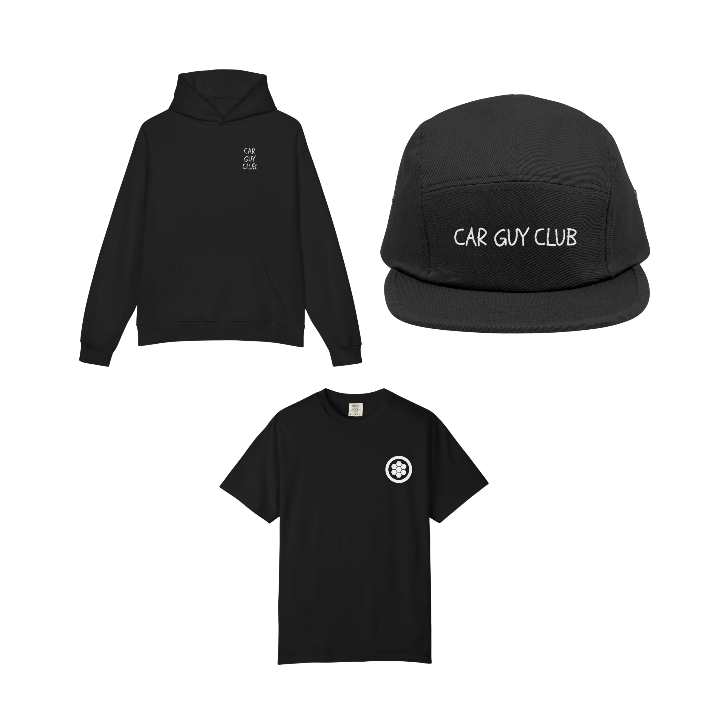 Black hoodie, t-shirt, and cap with 'CAR GUY CLUB' text on a white background