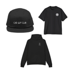 Black 'Car Guy Club' cap, t-shirt, and hoodie on a white background